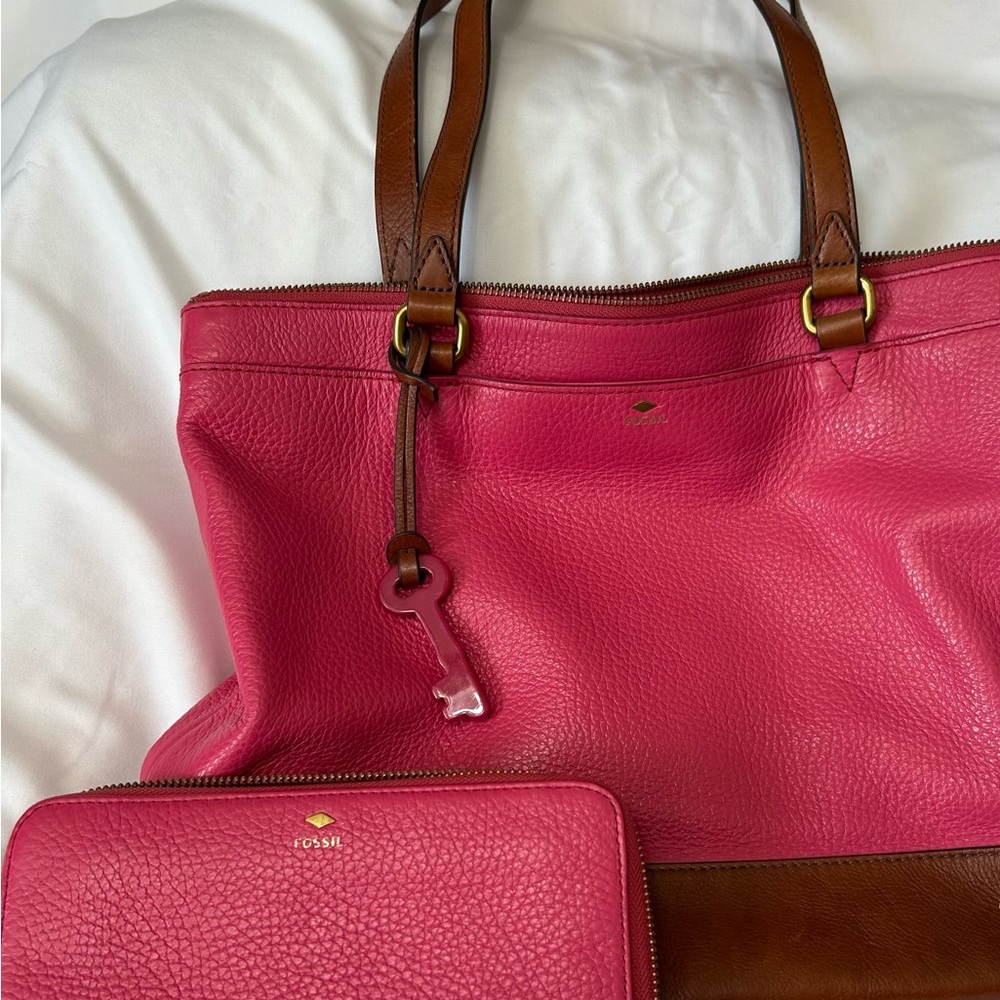 Pink leather tote and matching wallet.
